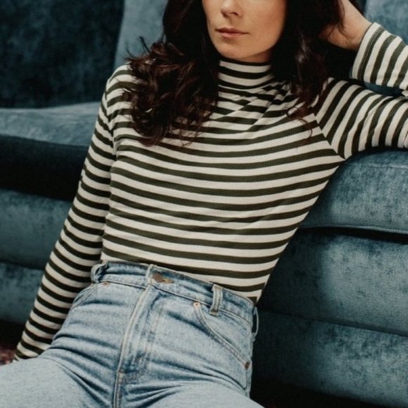 Jackson Rowe Green White Striped Penny Bodysuit, Rib Knit Soft Body Suit Top (M) - Picture 1 of 12